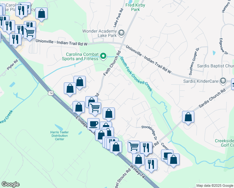 map of restaurants, bars, coffee shops, grocery stores, and more near 2213 Tree Ridge Road in Indian Trail