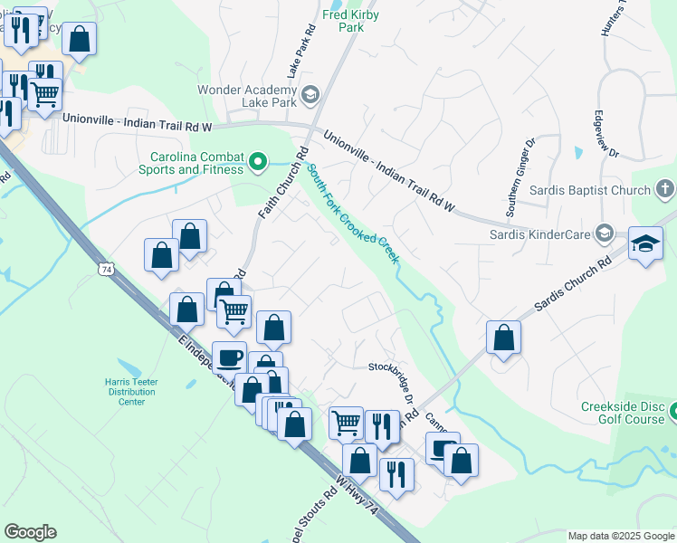 map of restaurants, bars, coffee shops, grocery stores, and more near 1211 Loring Drive in Indian Trail