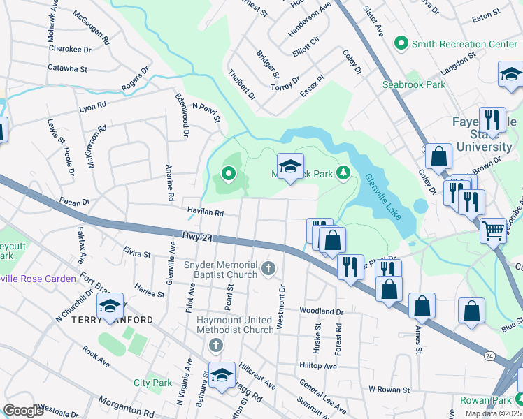 map of restaurants, bars, coffee shops, grocery stores, and more near 814 Greenland Drive in Fayetteville