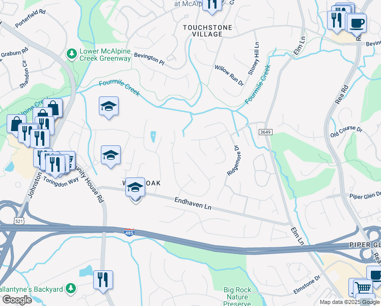 map of restaurants, bars, coffee shops, grocery stores, and more near 6311 Red Maple Drive in Charlotte