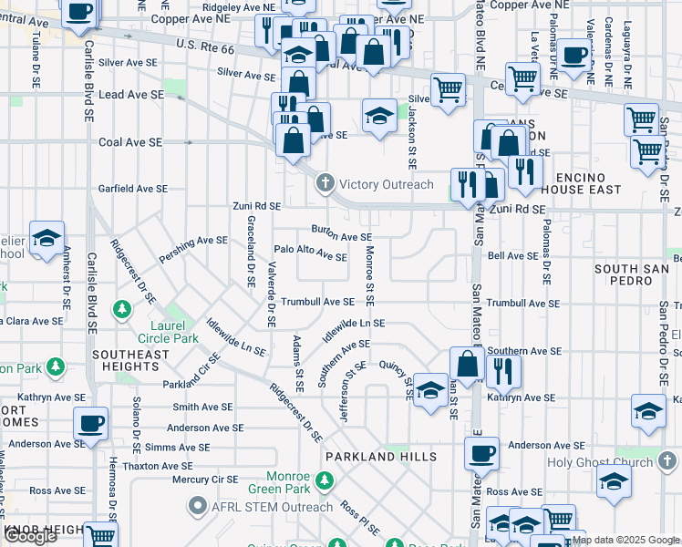 map of restaurants, bars, coffee shops, grocery stores, and more near 4708 Pershing Avenue Southeast in Albuquerque
