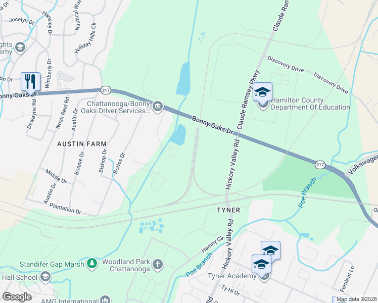 map of restaurants, bars, coffee shops, grocery stores, and more near 7460 Bonnyshire Drive in Chattanooga