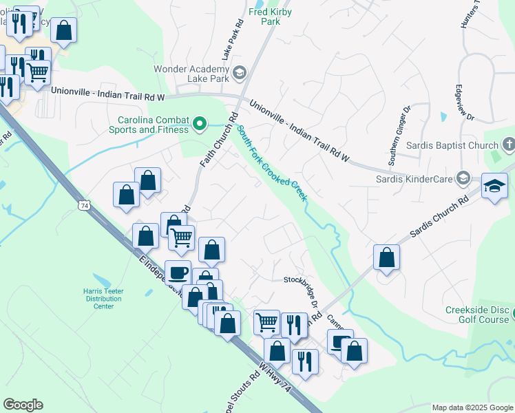 map of restaurants, bars, coffee shops, grocery stores, and more near 1211 Loring Drive in Indian Trail