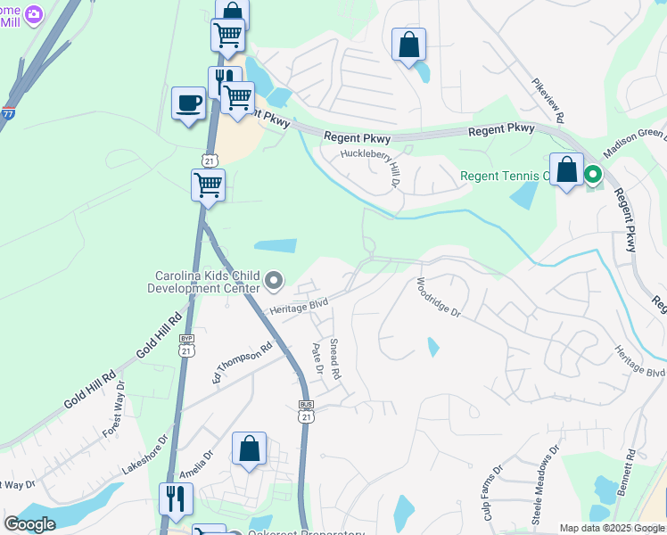 map of restaurants, bars, coffee shops, grocery stores, and more near 211 Heritage Boulevard in Fort Mill