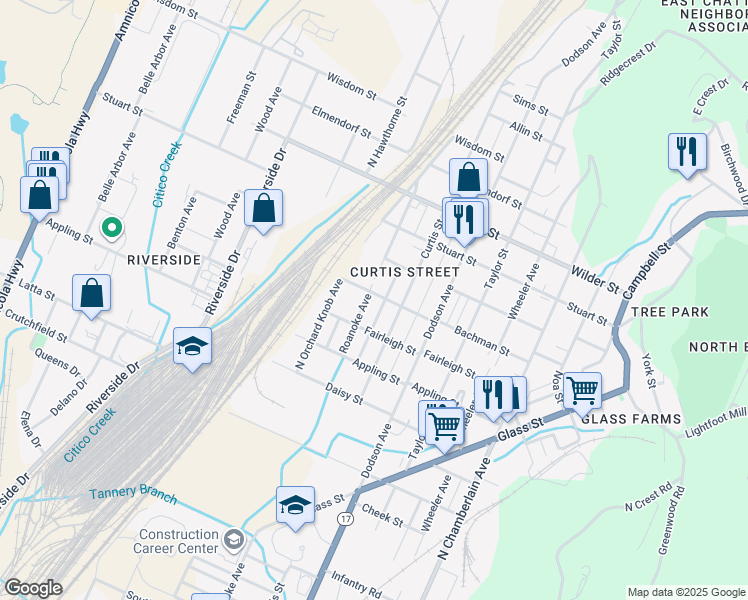 map of restaurants, bars, coffee shops, grocery stores, and more near 2713 Orton Street in Chattanooga