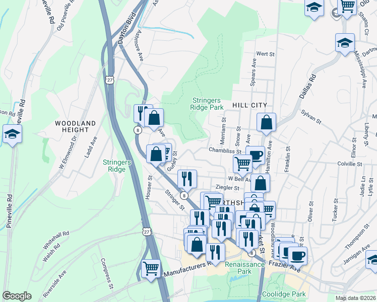 map of restaurants, bars, coffee shops, grocery stores, and more near 332 Pine Ridge Road in Chattanooga