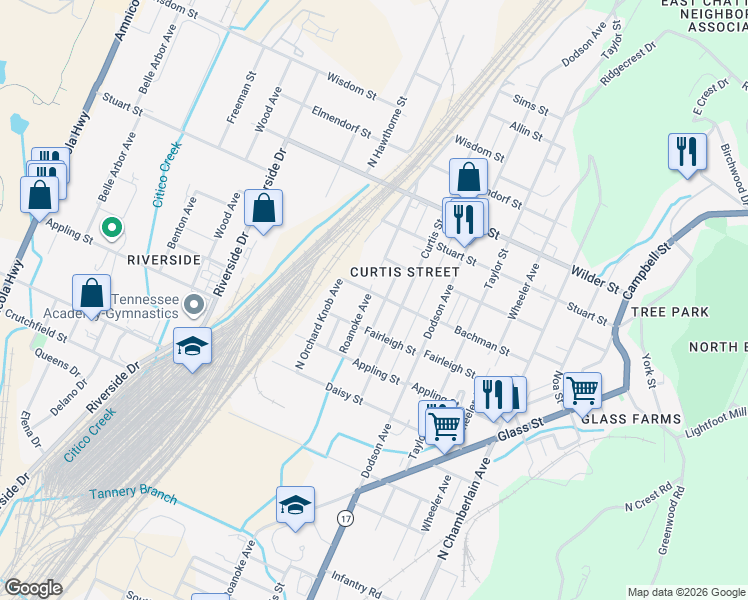 map of restaurants, bars, coffee shops, grocery stores, and more near 2713 Orton Street in Chattanooga