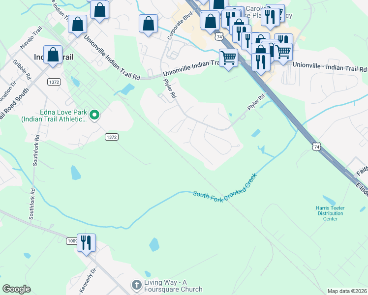 map of restaurants, bars, coffee shops, grocery stores, and more near 1002 Rhode Island Court in Indian Trail