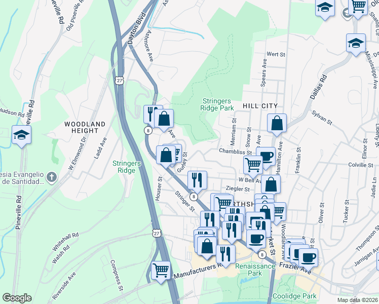 map of restaurants, bars, coffee shops, grocery stores, and more near 610 Gurley Street in Chattanooga