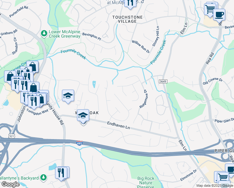 map of restaurants, bars, coffee shops, grocery stores, and more near 6311 Red Maple Drive in Charlotte