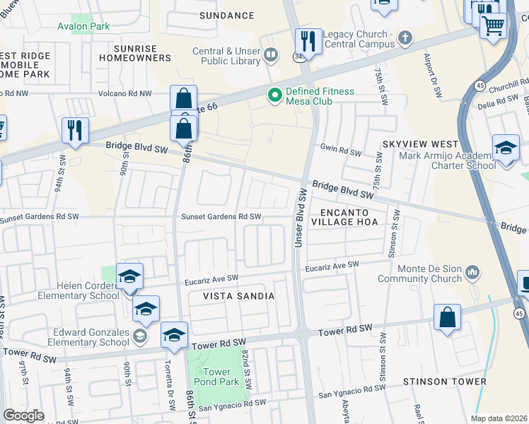 map of restaurants, bars, coffee shops, grocery stores, and more near 7919 Gem Pointe Road Southwest in Albuquerque