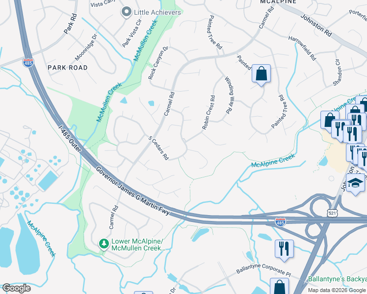 map of restaurants, bars, coffee shops, grocery stores, and more near 11400 5 Cedars Road in Charlotte