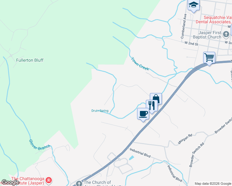 map of restaurants, bars, coffee shops, grocery stores, and more near 569 Summertown Road in Jasper