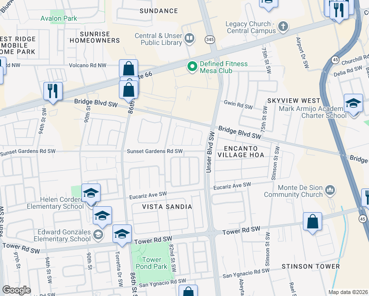 map of restaurants, bars, coffee shops, grocery stores, and more near 7919 Gem Pointe Road Southwest in Albuquerque