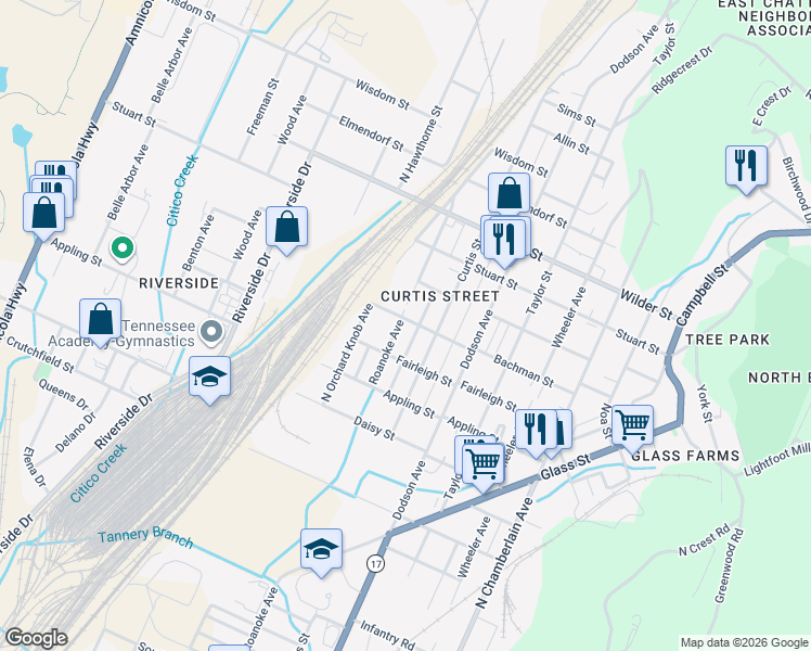 map of restaurants, bars, coffee shops, grocery stores, and more near 2713 Orton Street in Chattanooga