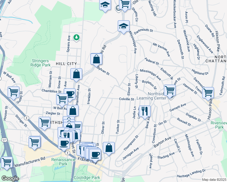 map of restaurants, bars, coffee shops, grocery stores, and more near 708 Forest Avenue in Chattanooga