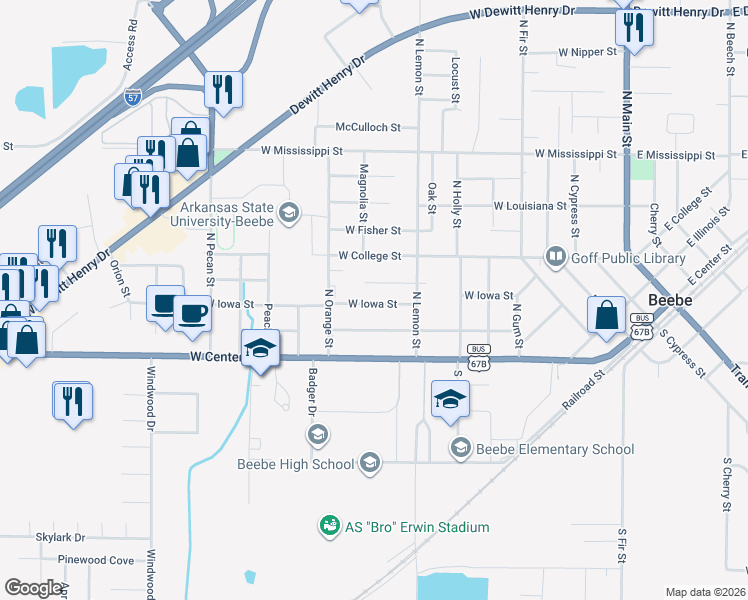 map of restaurants, bars, coffee shops, grocery stores, and more near 809 West Iowa Street in Beebe