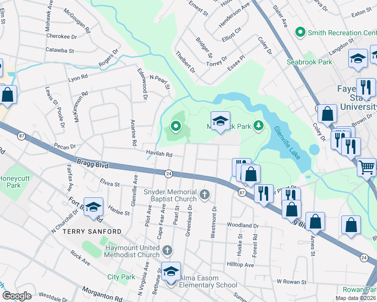 map of restaurants, bars, coffee shops, grocery stores, and more near 610 Pearl Street in Fayetteville