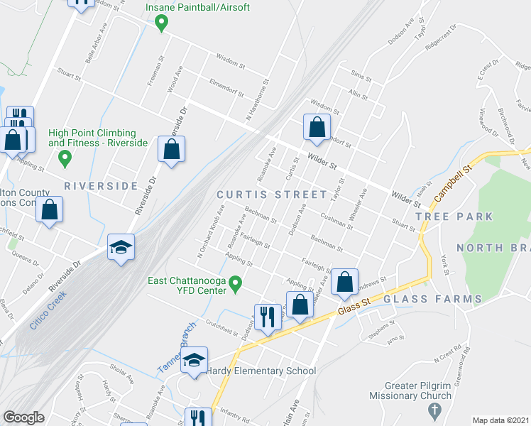 map of restaurants, bars, coffee shops, grocery stores, and more near 2801 Curtis Street in Chattanooga