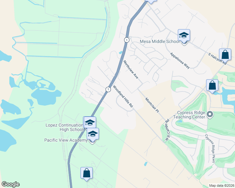 map of restaurants, bars, coffee shops, grocery stores, and more near 2741 Woodland Hills Road in Arroyo Grande