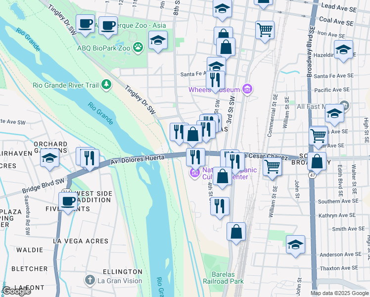 map of restaurants, bars, coffee shops, grocery stores, and more near 511 Bridge Boulevard Southwest in Albuquerque