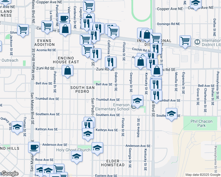 map of restaurants, bars, coffee shops, grocery stores, and more near 520 California Street Southeast in Albuquerque