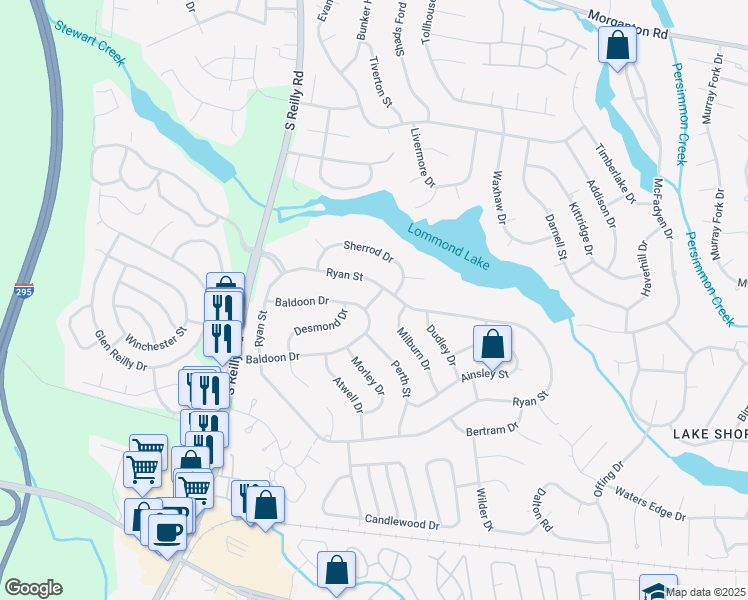 map of restaurants, bars, coffee shops, grocery stores, and more near Bathwell Drive in Fayetteville