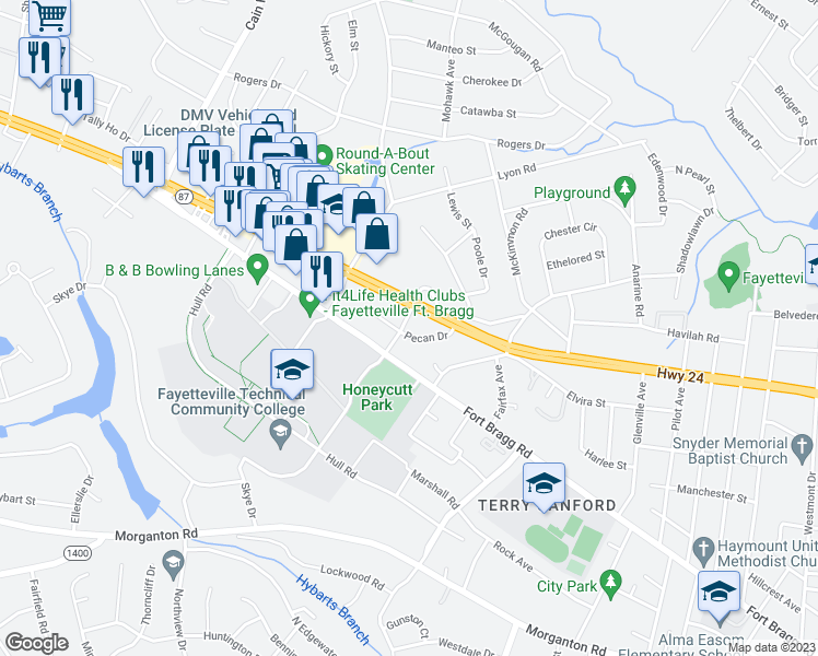 map of restaurants, bars, coffee shops, grocery stores, and more near 2618 Pecan Drive in Fayetteville