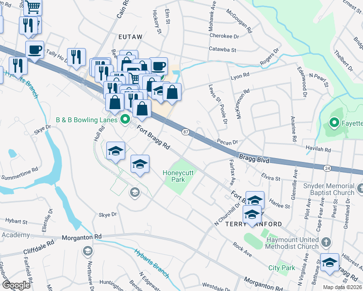 map of restaurants, bars, coffee shops, grocery stores, and more near 404 Barrington Cross Street in Fayetteville