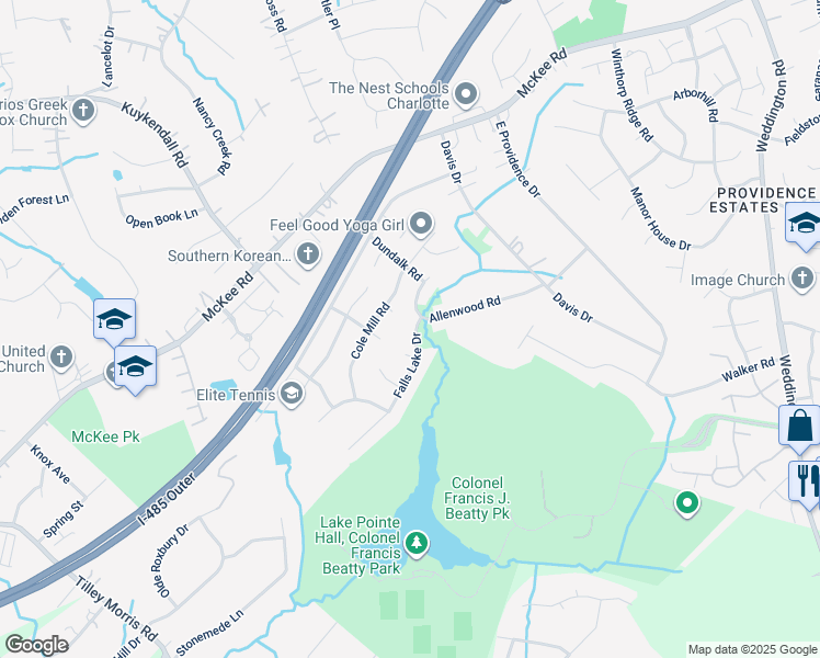 map of restaurants, bars, coffee shops, grocery stores, and more near 6523 Falls Lake Drive in Charlotte
