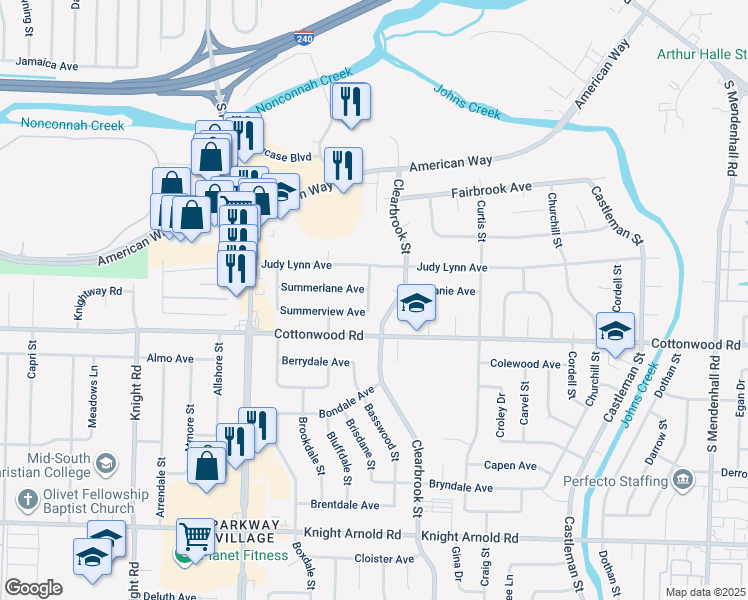 map of restaurants, bars, coffee shops, grocery stores, and more near 2886 Clearbrook Street in Memphis