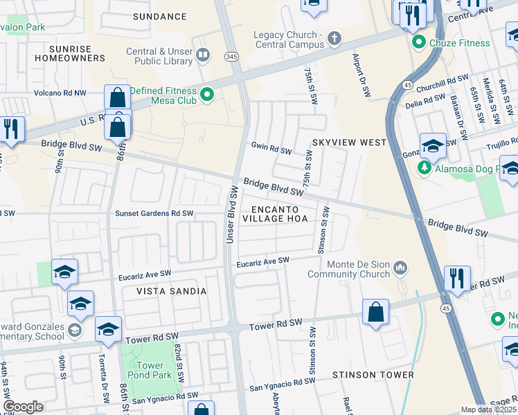 map of restaurants, bars, coffee shops, grocery stores, and more near 7616 Vía Belleza Southwest in Albuquerque