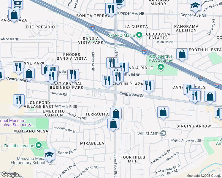 map of restaurants, bars, coffee shops, grocery stores, and more near 11810 Central Avenue Southeast in Albuquerque
