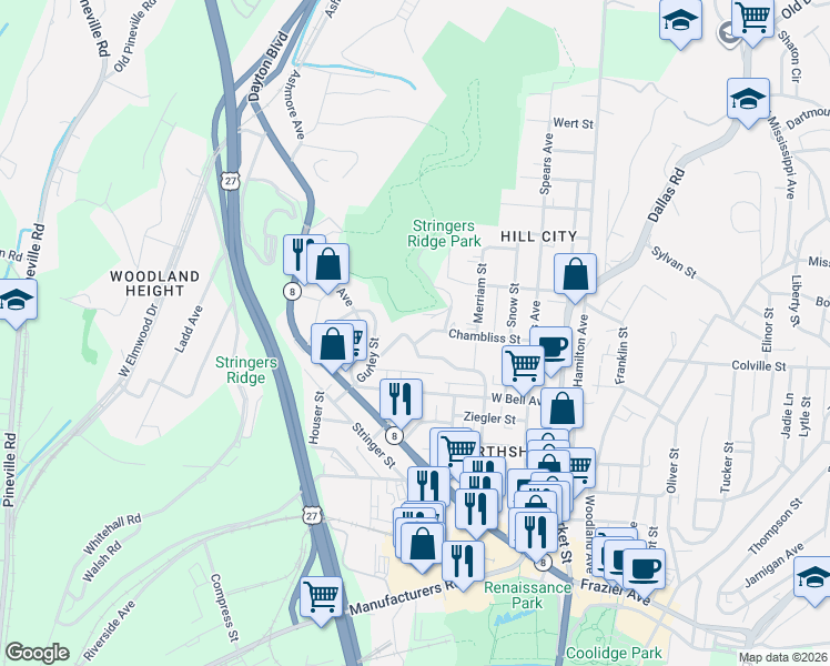map of restaurants, bars, coffee shops, grocery stores, and more near 319 Pine Ridge Road in Chattanooga