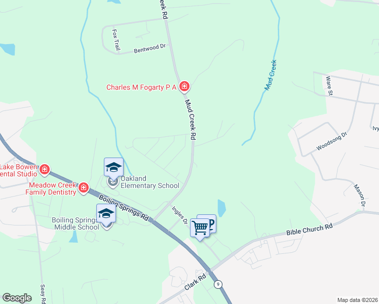 map of restaurants, bars, coffee shops, grocery stores, and more near 285 Mud Creek Road in Inman