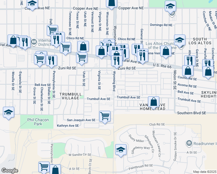 map of restaurants, bars, coffee shops, grocery stores, and more near 301 Wyoming Boulevard Southeast in Albuquerque