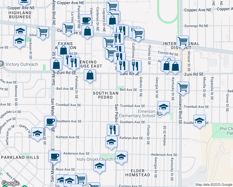 map of restaurants, bars, coffee shops, grocery stores, and more near 627 San Pedro Drive Southeast in Albuquerque
