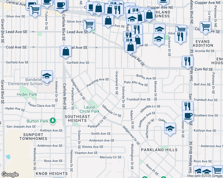 map of restaurants, bars, coffee shops, grocery stores, and more near 800 Loma Linda Place Southeast in Albuquerque