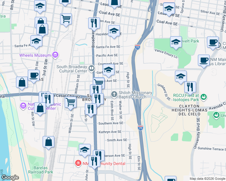 map of restaurants, bars, coffee shops, grocery stores, and more near in Albuquerque