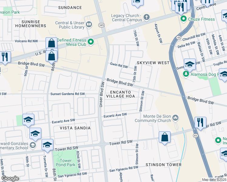 map of restaurants, bars, coffee shops, grocery stores, and more near 7616 Vía Belleza Southwest in Albuquerque