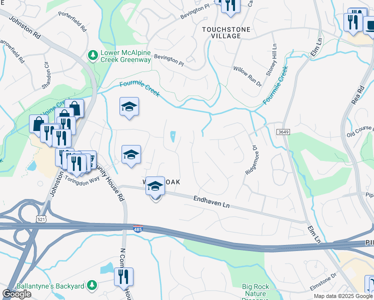 map of restaurants, bars, coffee shops, grocery stores, and more near 10411 Rougemont Lane in Charlotte