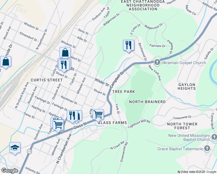 map of restaurants, bars, coffee shops, grocery stores, and more near 3004 Campbell Street in Chattanooga