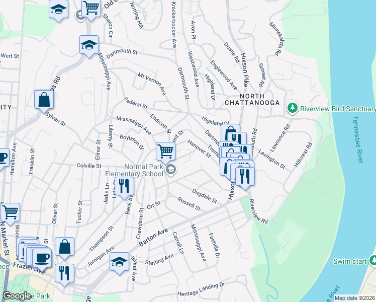 map of restaurants, bars, coffee shops, grocery stores, and more near 947 Polo Place in Chattanooga