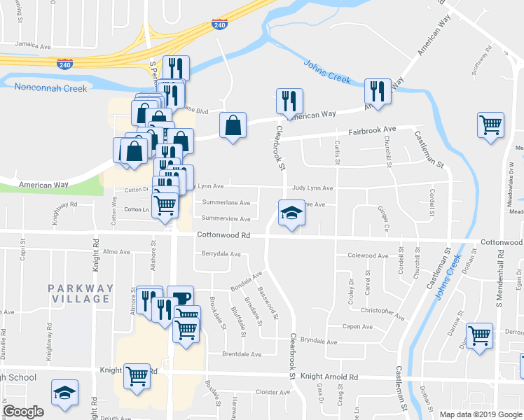 map of restaurants, bars, coffee shops, grocery stores, and more near 2886 Clearbrook Street in Memphis