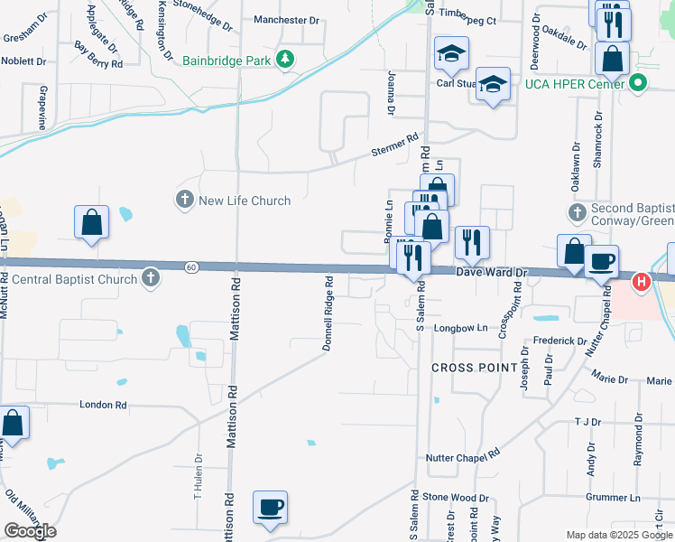 map of restaurants, bars, coffee shops, grocery stores, and more near 3020A Donnell Ridge Road in Conway