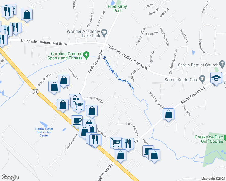 map of restaurants, bars, coffee shops, grocery stores, and more near 1215 Loring Drive in Indian Trail