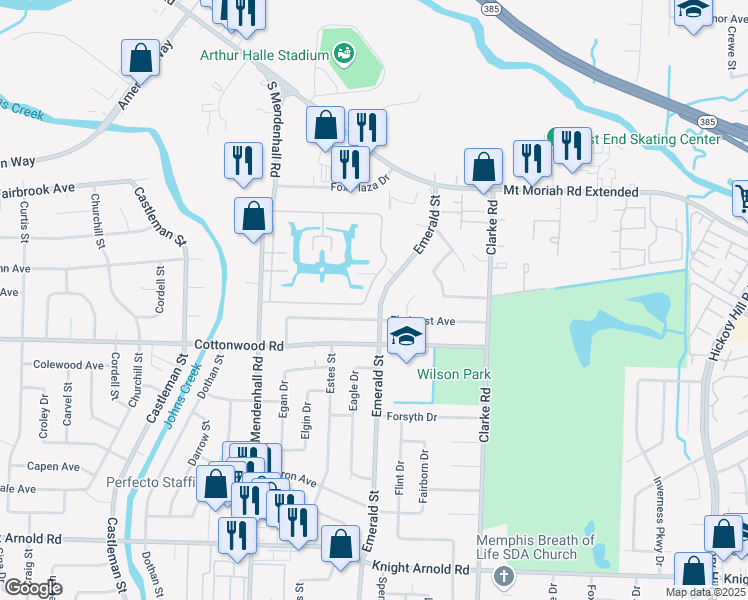 map of restaurants, bars, coffee shops, grocery stores, and more near 2865 Emerald Street in Memphis