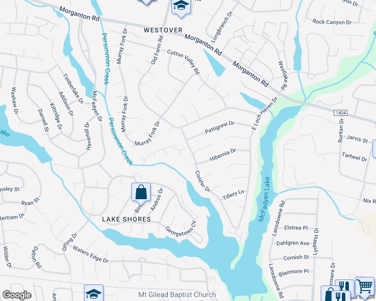 map of restaurants, bars, coffee shops, grocery stores, and more near 409 Conifer Drive in Fayetteville