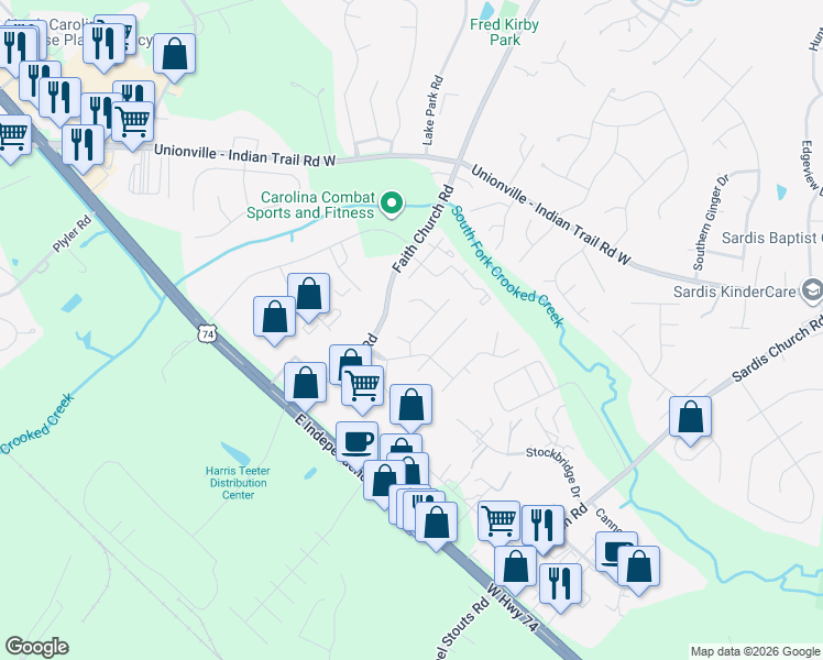 map of restaurants, bars, coffee shops, grocery stores, and more near 3205 Creek Trail Road in Indian Trail