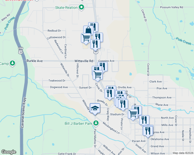 map of restaurants, bars, coffee shops, grocery stores, and more near 1207 North Paul Mathies Drive in Poteau